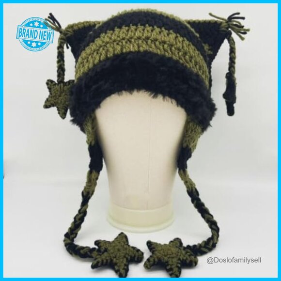 Y2k Beanies Crochet Knitted Cat Hats Goth Cross Devil Hat  Y2K Cat Ear Beanie Goth Grunge Crochet Knit Hat Women\'s Winter Accessory